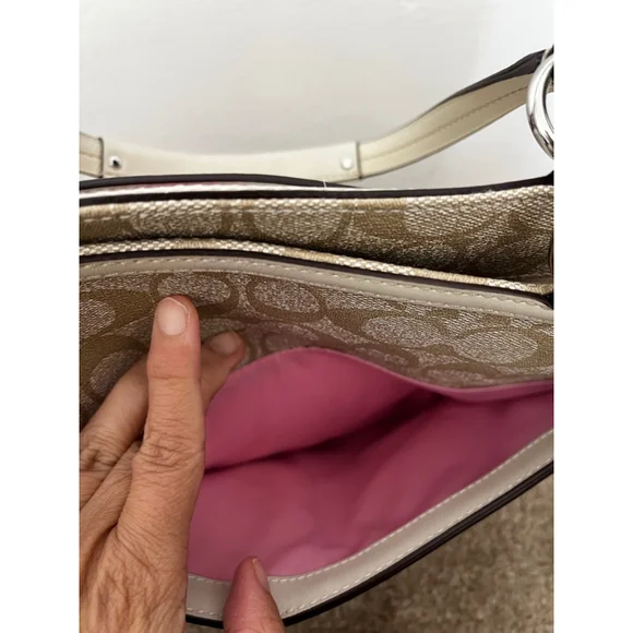 Coach Chelsea Leather Signature Heritage Logo Stripe Pink Beige Tote Bag - Picture 8 of 16